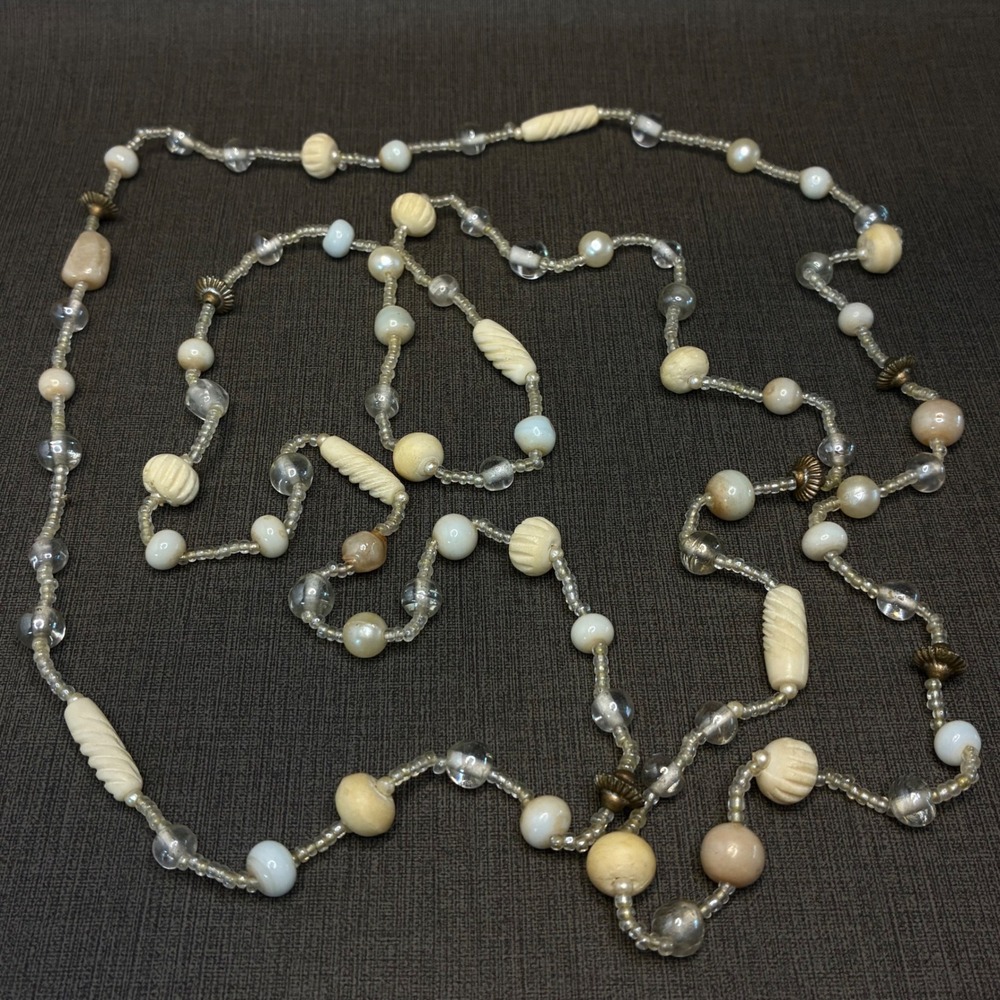 Vintage Extra Long Flapper Necklace Cream Carved Glass Bead Art Deco Style 60"